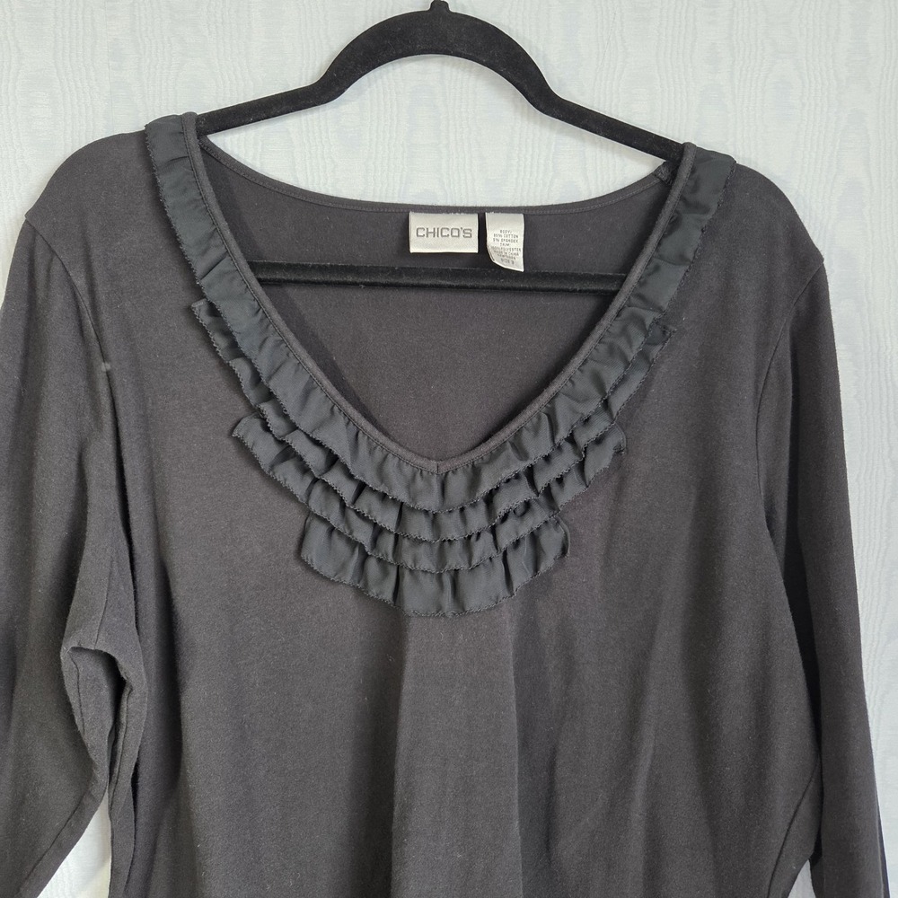 Chicos Womens XL (3) Black 3/4 Sleeve Pima Cotton Ruffle Neck‎ Top Whimsygoth - Picture 3 of 7